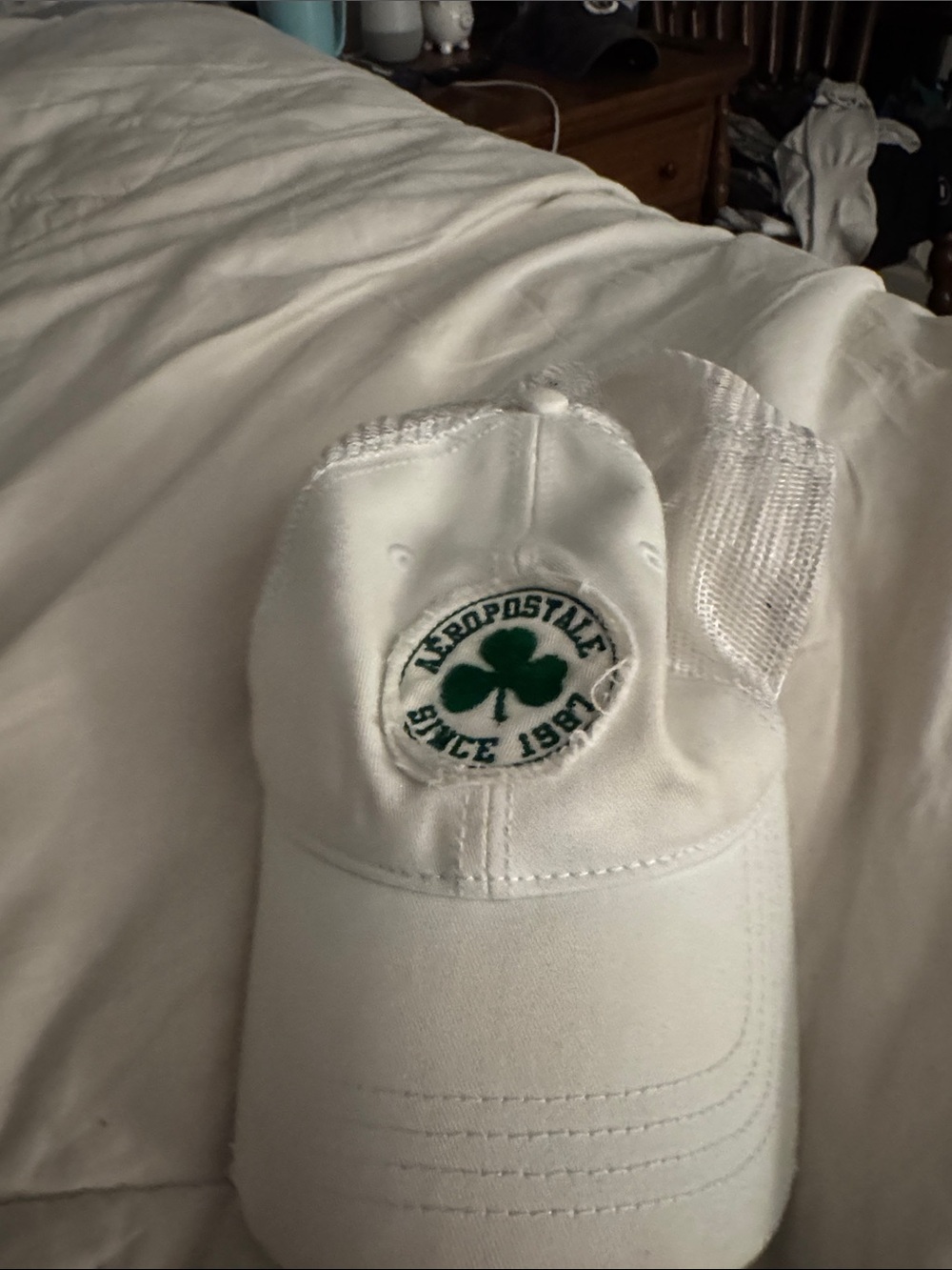 Aeropostale White Mesh-Back Baseball Cap with Green Shamrock Patch